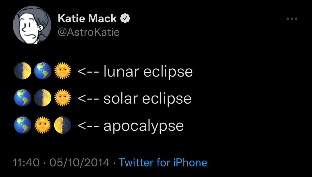 Screenshot d’un tweet de Katie Mack daté du 05/10/2014 à 11:40

🌓🌎🌞 <— lunar eclipse 
🌎🌓🌞 <— solar eclipse 
🌎🌞🌗 <— apocalypse 
