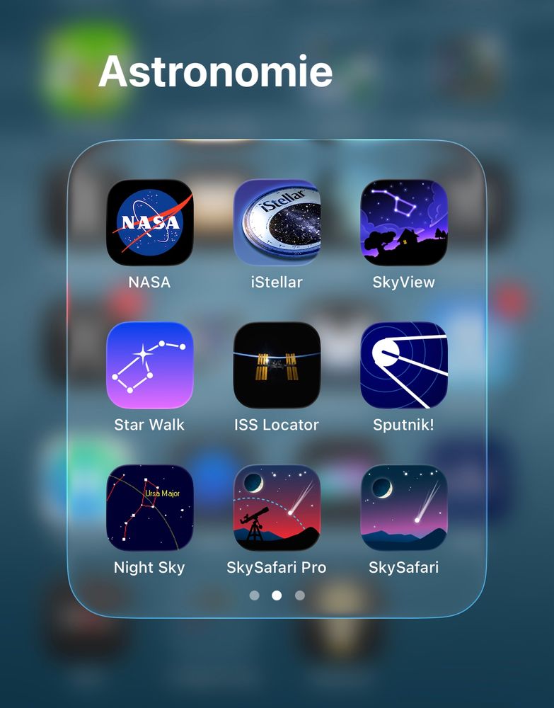 Second page of my Astronomy apps folder with NASA, iStellar, SkyView, Star Walk, ISS Locator, Sputnik!, Night Sky, old versions of SkySafari…