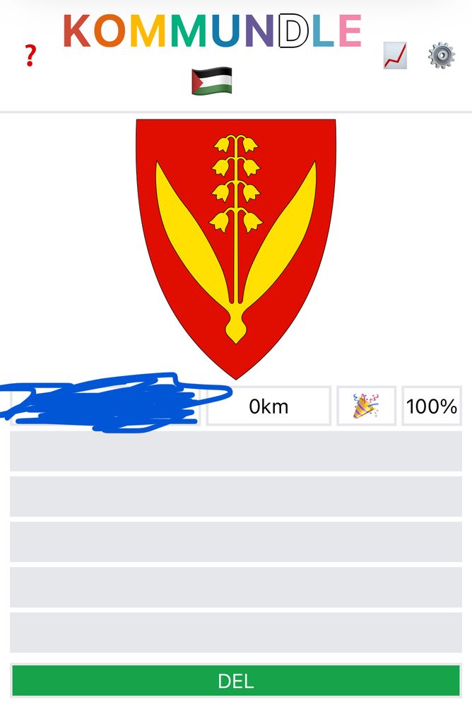 Skjermdump som viser at eg klarte Kommundle-oppgåva på første forsøk, men svaret er streka over. 