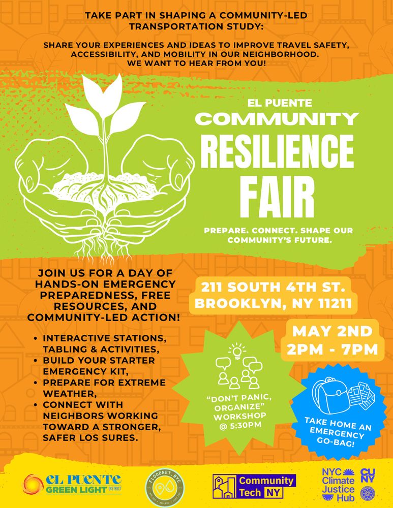 Flyer for event with orange and lime green background. A drawing in white outline of hands cupping a young plant; roots are coming down from underneath