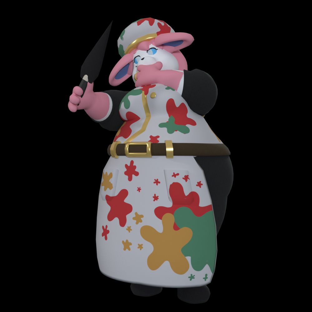 Meade, an alien dog now dressed up as a Ring Pointilist from Limbus Company, sizing up what looks to be some kind of muse with a palette knife. Wearing the traditional garbage of a paint splattered apron and beret with black underclothes.