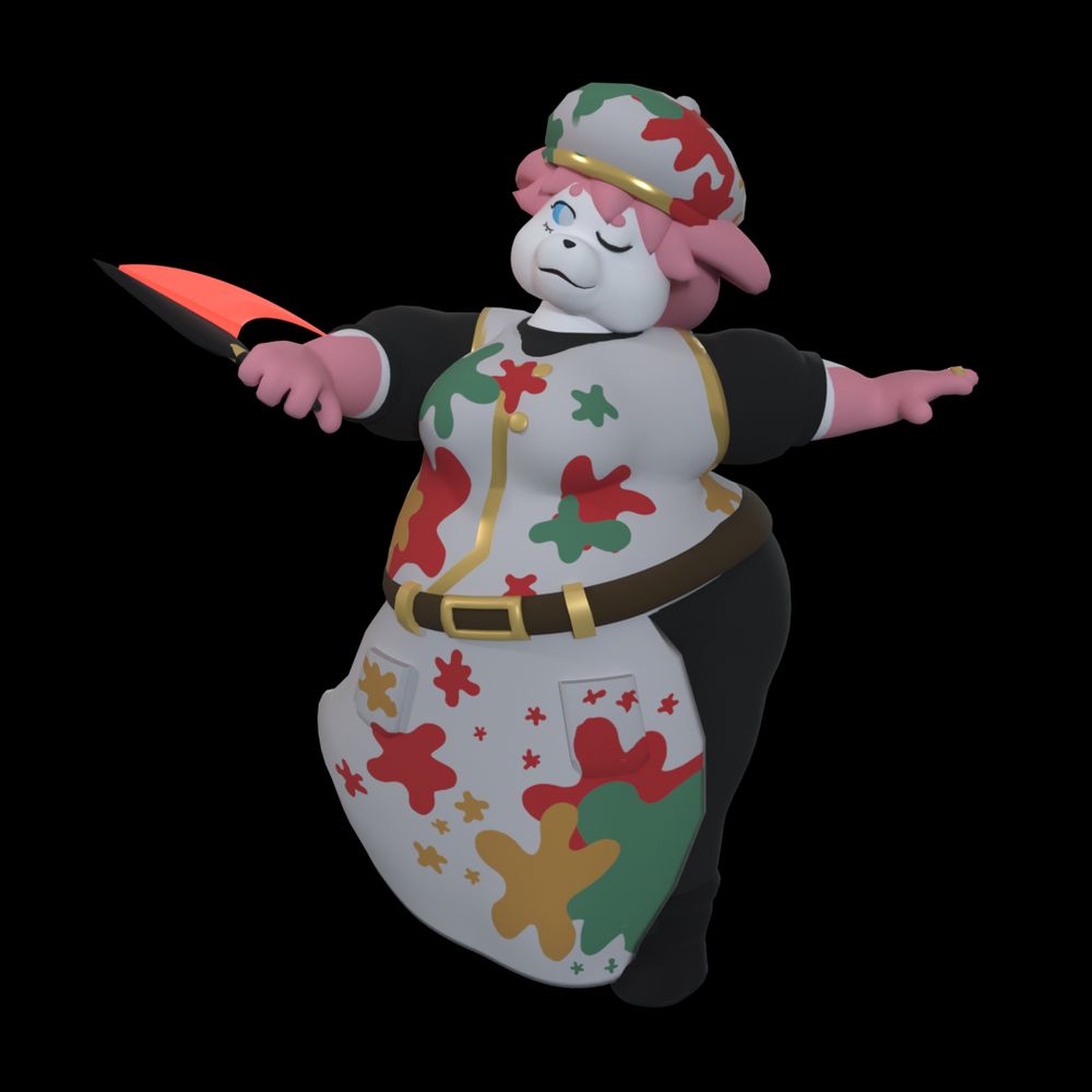 Meade, an alien dog now dressed up as a Ring Pointilist from Limbus Company, dashing towards a target with a palette knife with clear malicious intent. Wearing the traditional garbage of a paint splattered apron and beret with black underclothes.