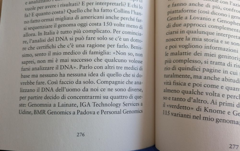 Pagina del libro "Le sanguisughe di Giulietta" di Giuseppe Remuzzi, in cui si cita l'azienda Genomnia