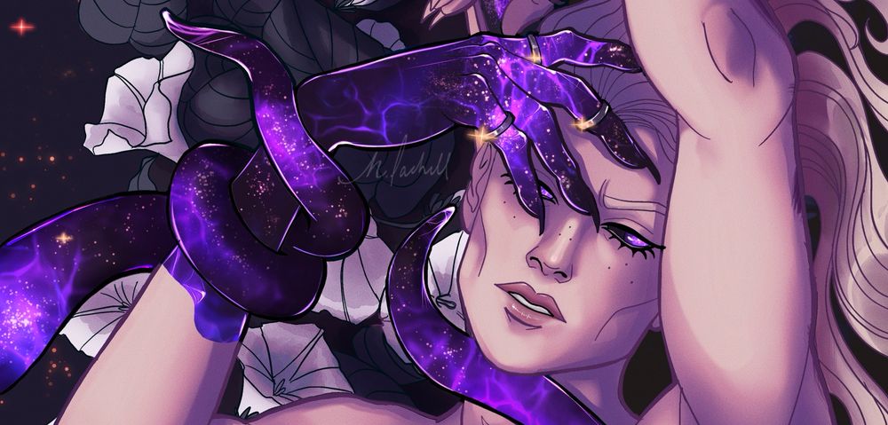 A cropped digital illustration image of a melancholic void elf (my oc, Vykastriel Dawnsinger) gazing at the viewer with a hand shielding an eye. A void tentacle is wrapped around their wrist and supports their chin. 