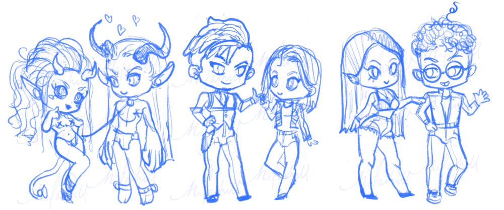 A blue digital sketch of six chibi-style original characters arranged in pairs. The first pair (Zahneri and Fruipoena) are two demons with horns and pointed ears; one has long hair and a tail holding a leash, and the other wearing a collar has long hair and looks smitten with hearts above his head. The second pair(Trent and Erin) is a confident masculine figure with locs and a vest pointing at a casually dressed man in a jacket. The final pair (Lexi and Beau) features a playful long-haired woman in a bikini top and shorts teasing a curly-haired man in glasses who looks delighted.