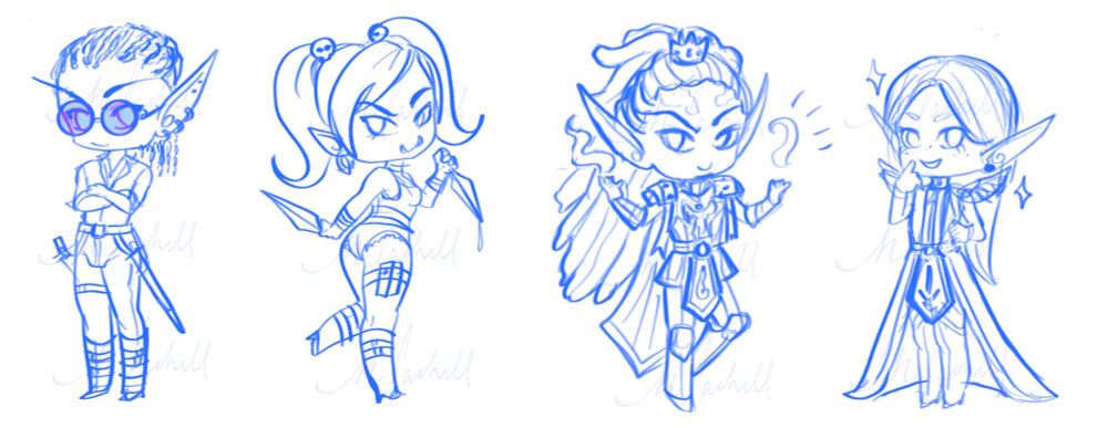 A blue digital sketch of four fantasy-themed (World of Warcraft OCs) chibi characters. From left to right: Tarrent Darkthorn, an elf rogue with braids, glasses, and swords stands confidently with arms crossed; Corvega, a cheeky rogue orc girl with pigtails and daggers poses with a smile; Val Duskmourner (light-forged), a regal paladin elf with flowing hair, a crown, and magical aura lifts his hands mid-spell; and finally, Vykastriel Dawnsinger (before their void corruption) a cheerful elf in an elegant robe with sparkles by their head, pointing to themself as they smile. 