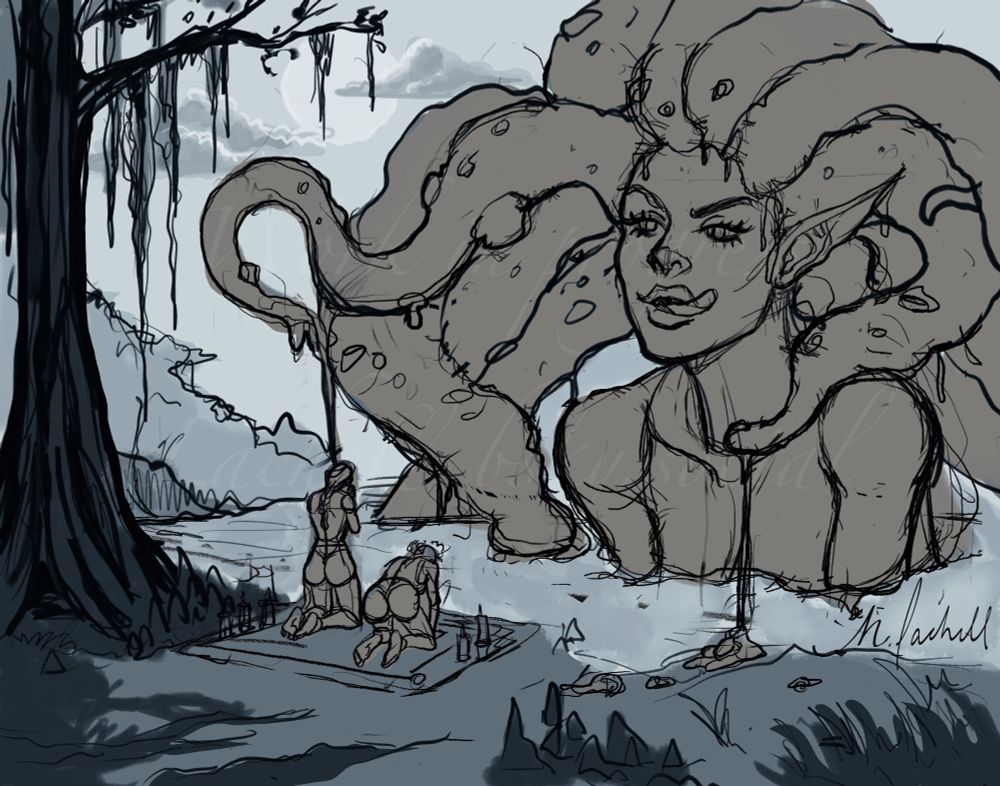 Digital fantasy illustration Work In Progress showing a huge, swamp-dwelling blood goddess with curling tentacles and long pointed ears, rising from murky water. She has a confident, powerful expression as she gazes forward. In the foreground, two worshippers kneel before her on a mat surrounded by ritual candles. The scene is shaded in muted blues and greys, with heavy moss-draped trees and misty forest in the background.
