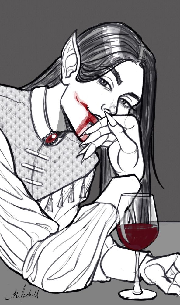 Black-and-white digital sketch of a smug, long-haired vampire elf leaning on a table with a glass of red wine in front of him. His skin is pale, and his long nails are resting against his lips. There is a vivid red smear of blood trailing from the corner of his mouth, and the gemstone on his vest is also colored deep red. The rest of the image remains grayscale.