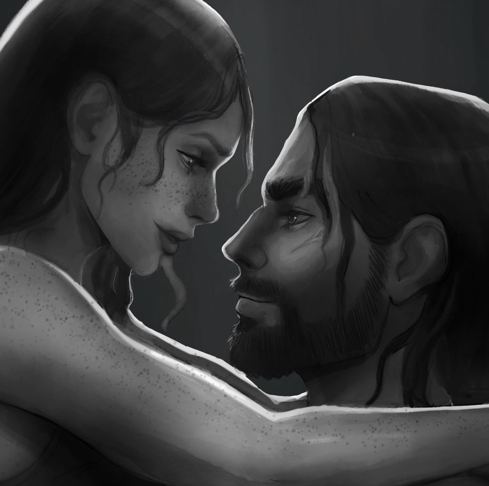 Black-and-white digital painting of original characters Bryant and Rori in an intimate moment. Rori, a freckled woman with long wavy hair, gazes into Bryant’s eyes. Bryant, a bearded man with long hair, meets her gaze with a soft expression. Her arms are draped over his shoulders, pulling him close, and the lighting emphasizes their closeness and warmth.