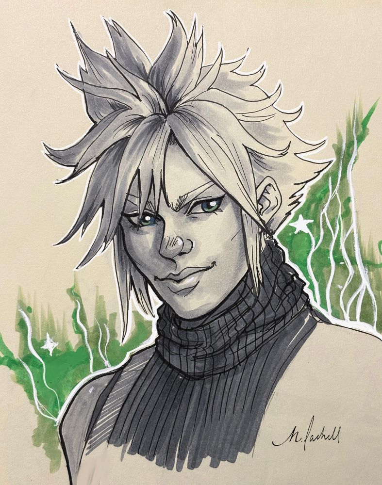 Traditional fanart drawing of Cloud Strife from Final Fantasy VII. It’s done with gray marker, black/white ink on toned paper, pops of green marker streaks the background behind him. Cloud wears a high-necked, ribbed sleeveless shirt, and his iconic spiky blond hair is dramatically rendered. He has a slight smirk and piercing blue/green mako eyes.
