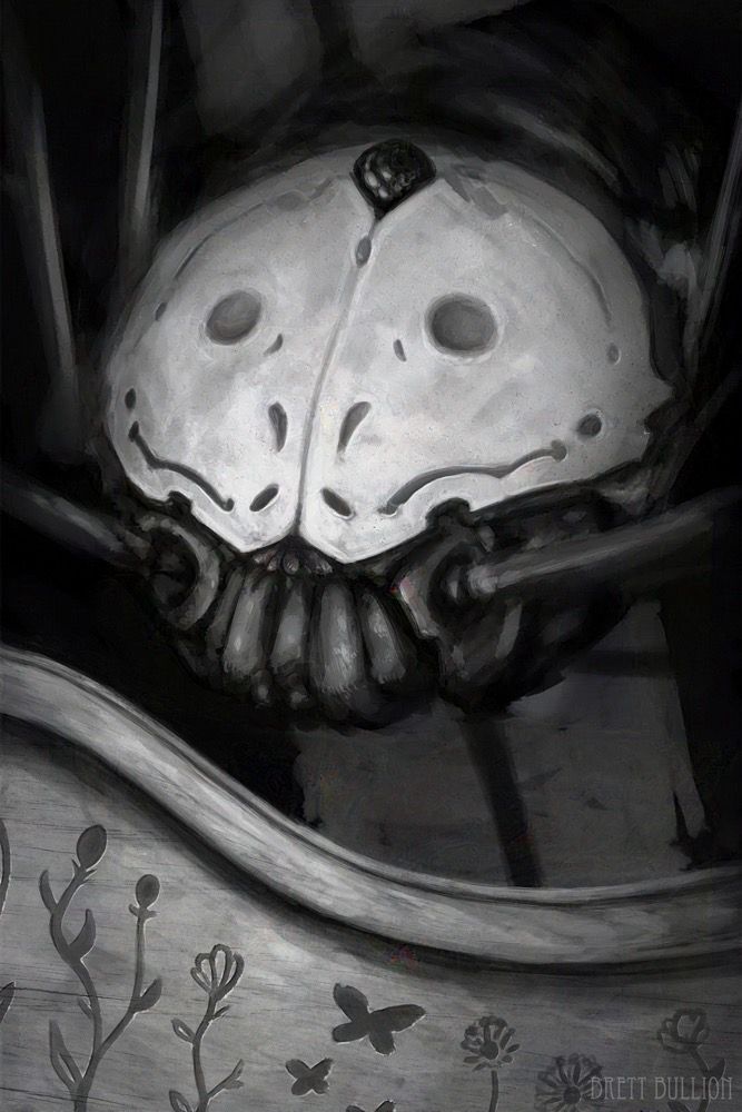 A strange skull shaped form hovers above the footboard of a child’s bed. It looks to be smiling. Beneath the skull mask is the shape of a spider, long limbs stretching up and off of the composition.