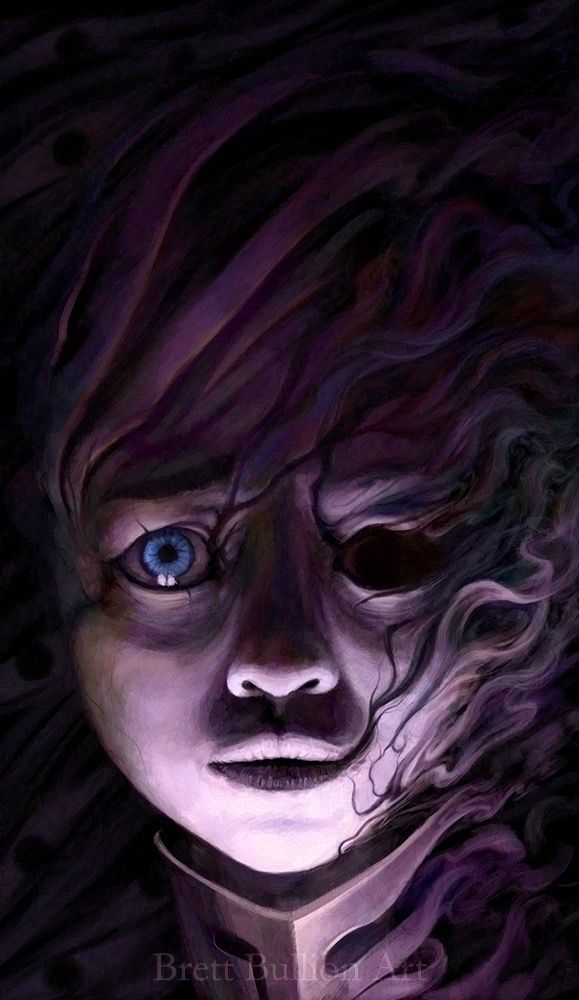 A painting of a person’s face unraveling, wisped away into the void. One eye socket is empty, coming apart. The other eye, a bright pop of blue against a purple palette, stares pleadingly at the viewer, perhaps asking for help or merely sad to be departing this world.