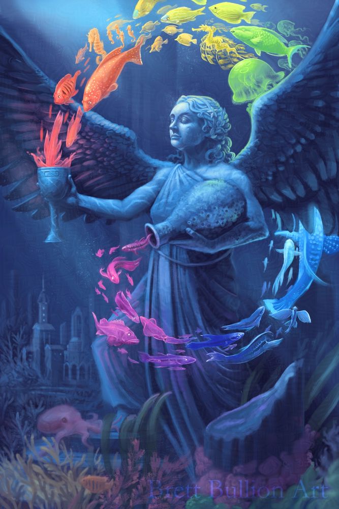 An angelic statue stands at the bottom of the ocean, surrounded by coral and remnants of a lost civilization. It holds a large jug tipped downward in one arm and a cup held up in the other. Brightly colored fish pour out from the jug, wrap around the back of the statue, and arc down into the cup. The fish are lit up the colors of the rainbow. 