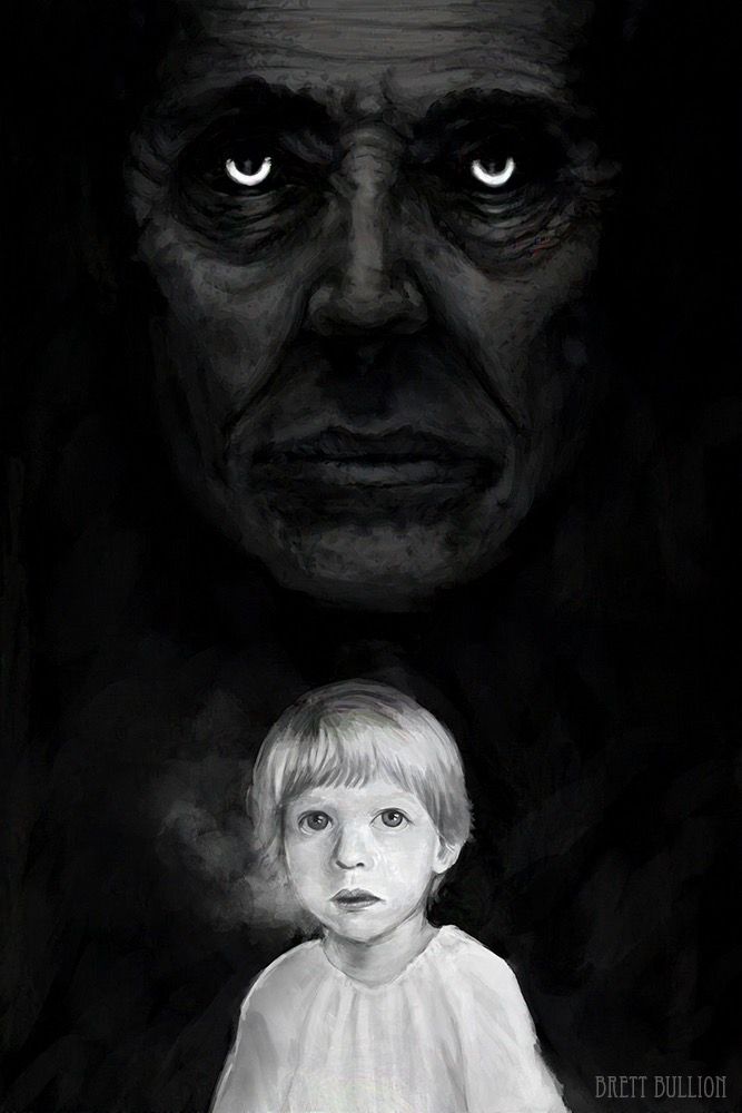 A black and white illustration of a young boy, positioned at the bottom of the composition, wearing a simple white night gown. His breath is visible as if it is very cold. 

At the top of the composition, looming above the boy, is the face of an older man, heavily creased and full of pocked marks. He stares ahead, the irises of his eyes aglow with an eerie light.