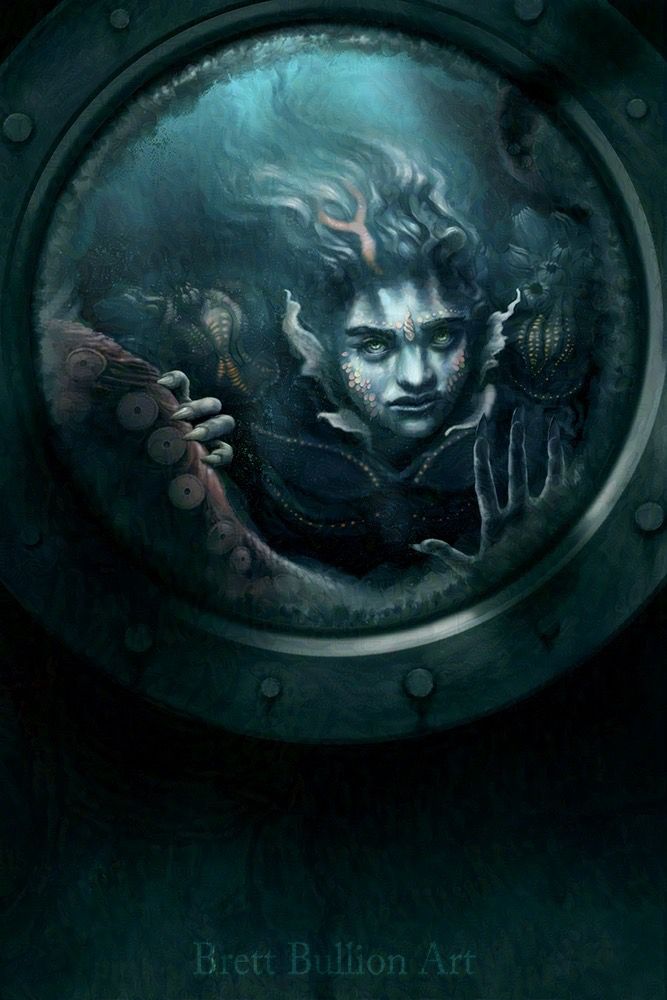 A mermaid or siren can be seen on the other side of dingy porthole. She looks in, hand pressed lightly against the glass. Her body and hair are covered in scales, seaweed, and barnacles. 