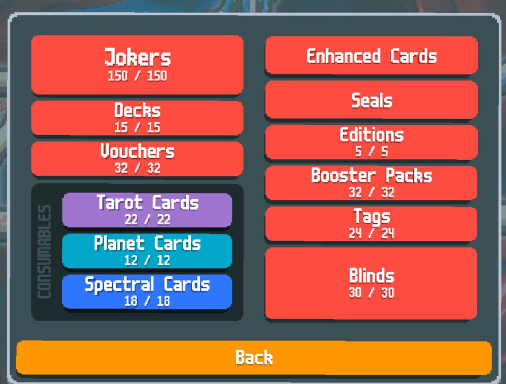 The screen from Balatro that shows your progress unlocking cards and every type is fully unlocked