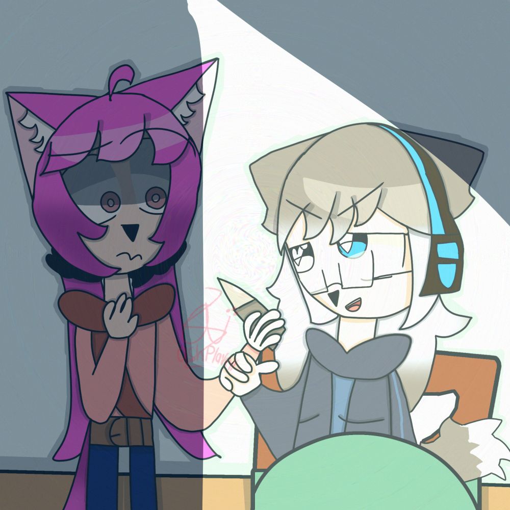 A pink haired wolf/fox girl fails to stab a gray fox fox girl.