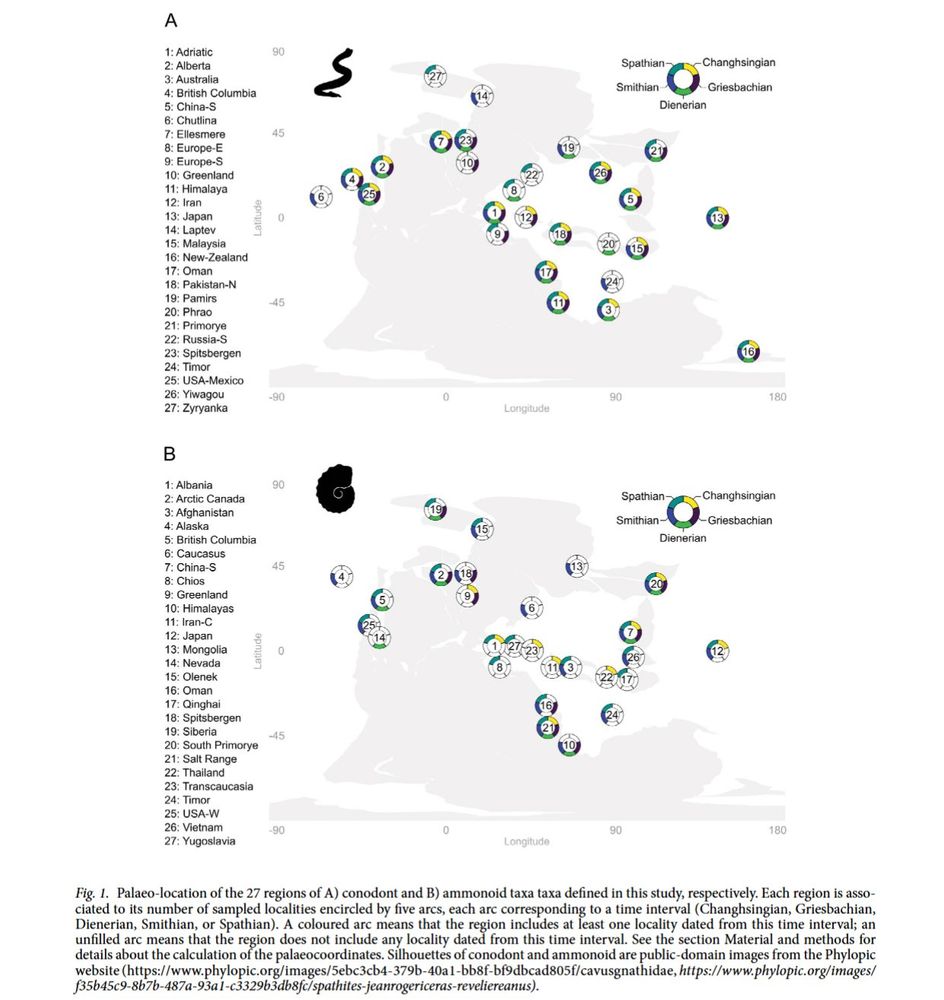 Palaeo-location of the 27 regions of A) conodont and B) ammonoid taxa