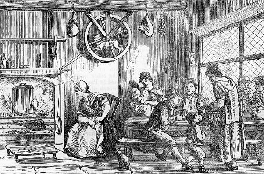 Illustration of a dog turning wheel and meet on fire.