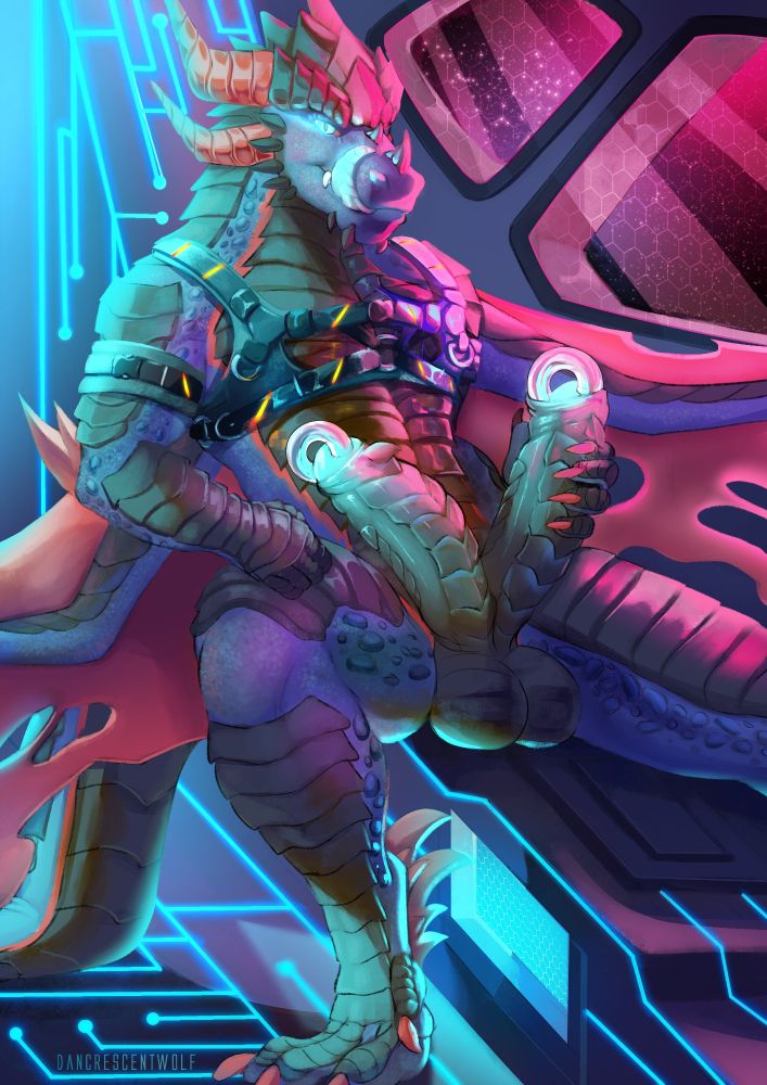 A male anthro, muscular dragon relaxing on a seat inside a spaceship. Pink lights from space shine through the window.
He's got two big cocks, both of them erected - they also both feature a big Prince-Albert-Piercing each.
He's wearing a sexy harness and licking his mouth - he probably wants you to come over.