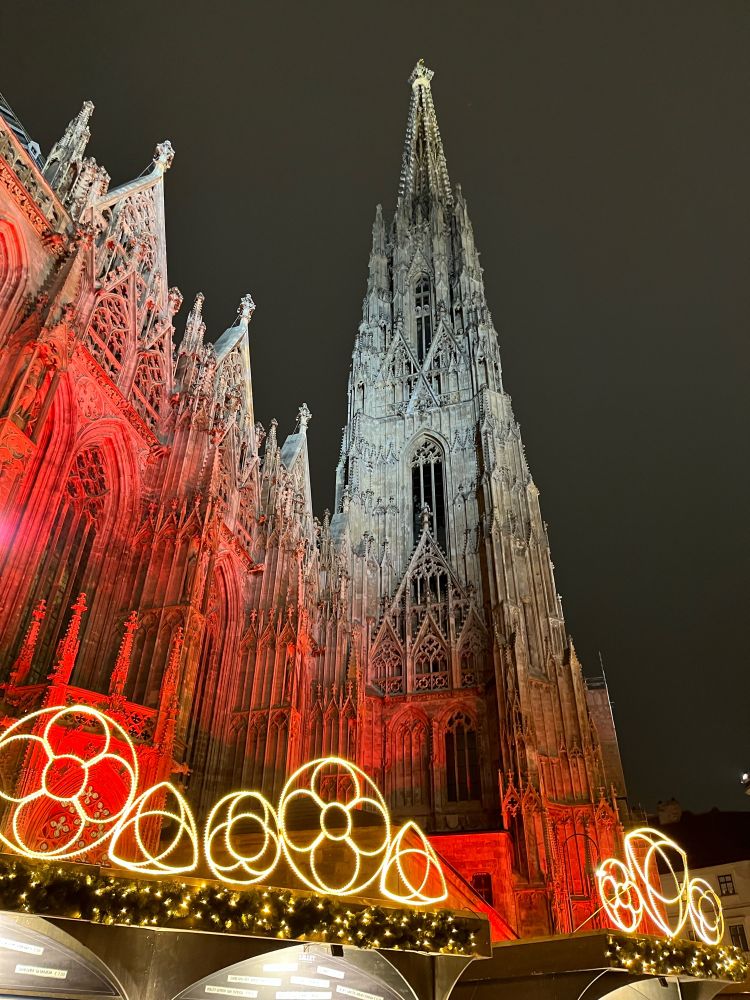 Vienna’s St Stephen’s Cathedral at night with the wintermarkt xmas lights