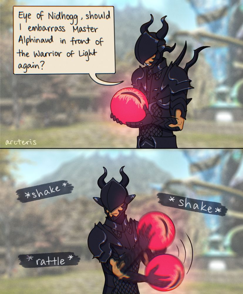 Panel 1: Estinien holds the Eye of Nidhogg. "Eye of Nidhogg, should I embarrass Master Alphinaud in front of the Warrior of Light again?"
Panel 2: Estinien shakes & rattles the eye around.