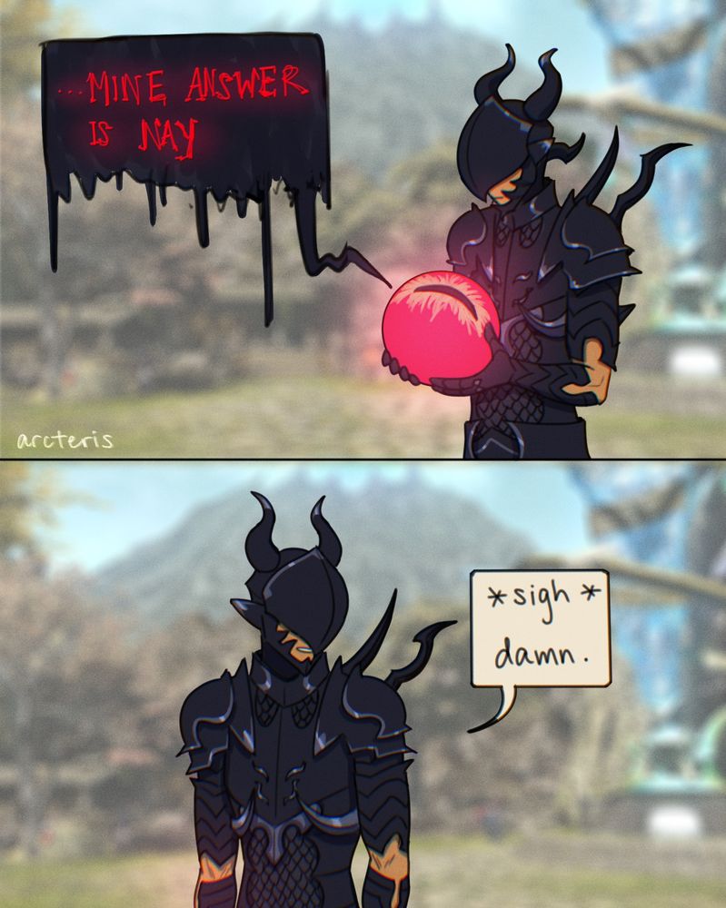 Panel 3: The Eye gazes at him and speaks, the text appearing demonic and distorted. "....MINE ANSWER IS NAY"
Panel 4: Estinien looks disappointed (as much as he can with his face concealed by a helm). "*sigh* damn."