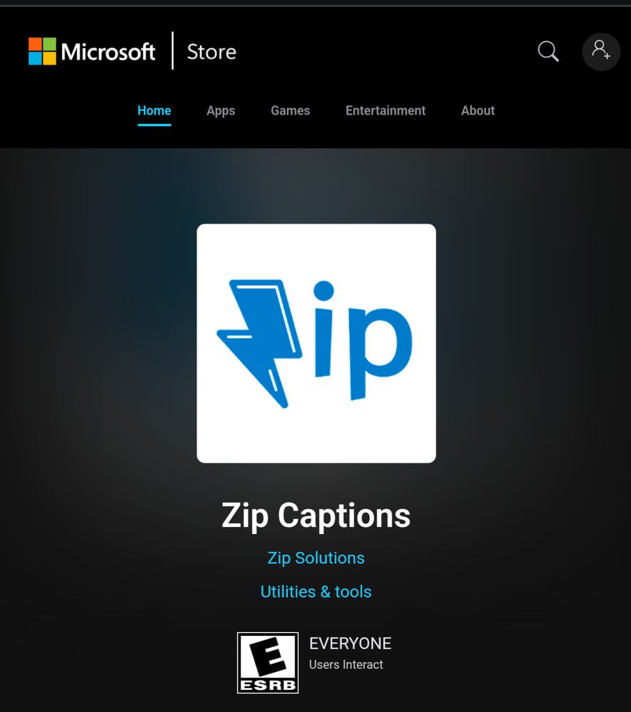 A screenshot of the Windows store listing for Zip Captions 