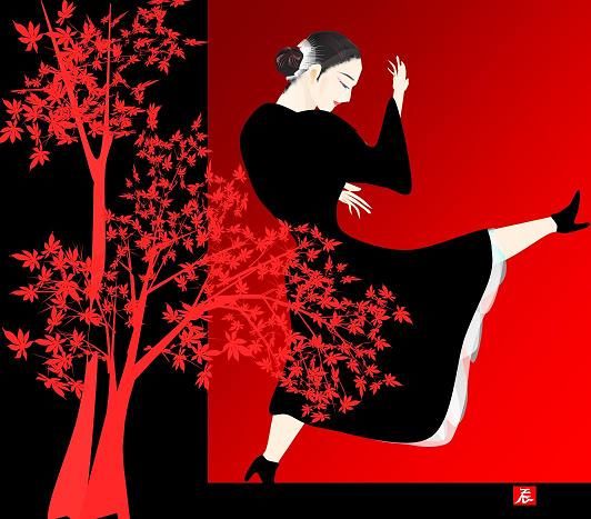 Woman in black dress dancing in front of a red background alongside a red tree.