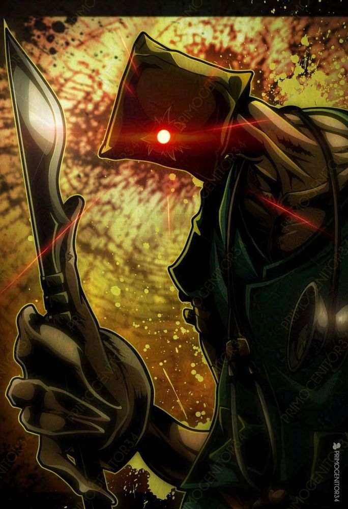 Faust, a character from the fighting game Guilty Gear Strive by Arc System Works. He is a tall, lanky, man with disproportionate limbs, wearing a medical garb and a paper bag on his head, from which one of his menacing, florescent eyes peers through a small hole. He wields a large knife and wears a stethoscope around his neck. The BG is a grimy green-yellow with a large crack centered behind Faust's head, with several splatters of ink in green and black.