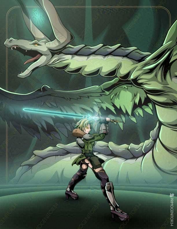 Vector illustration of Delicia, an OC fusing Fire Emblem with Star Wars. She stands in a battle-ready pose, wielding a blue-green lightsaber. Behind her, a massive green dragon, her dragon form, looms, with her crest radiating between her two massive horns. 