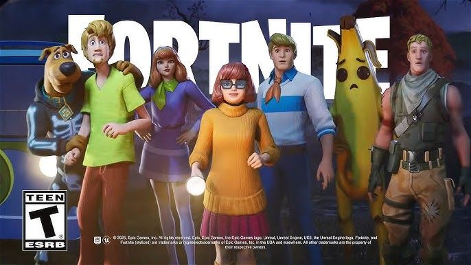 The thumbnail for the official Fortnite X Scooby-Doo crossover Cinematic Trailer, depicting Scooby, Shaggy, Daphne, Velma, Fred, that Banana guy, and Jonesy.