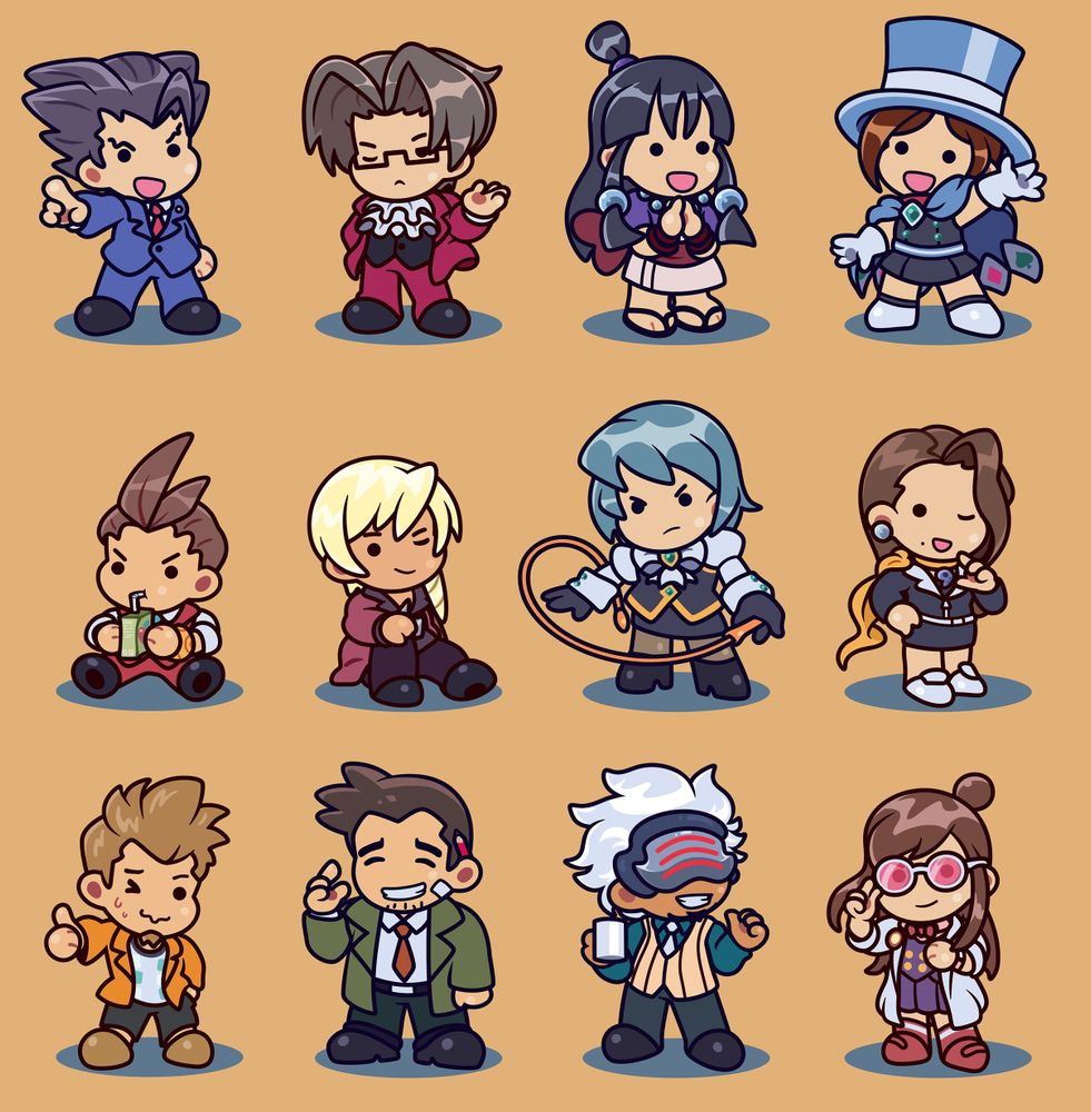 12 Ace Attorney characters in a round, chibi art style. From top left to bottom right: Phoenix Wright, Miles Edgeworth, Maya Fey, Trucy Wright, Apollo Justice (Also known as Apple Juice), Klavier Gavin (sitting gayly), Franziska von Karma (who I drew slightly bigger than everyone else by accident), Mia Fey, Larry Butz , Dick Gumshoe, Godot and Ema Skye.