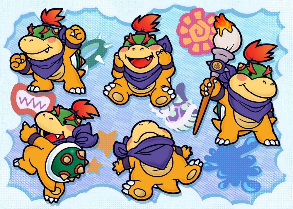 Assorted drawings of Bowser Jr. in various cute poses. For example, one is squishing his cheeks, another is laying on the ground, while another wields the Magic Paintbrush. The background has various emblems that relate to him.