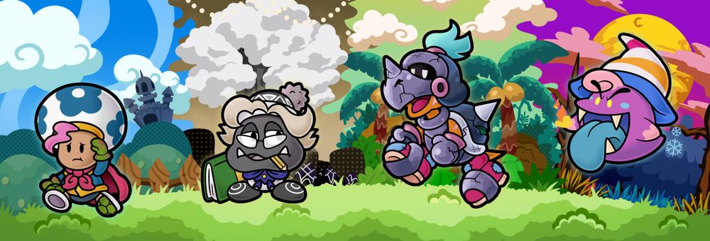 My designs of the 4 heroes from Paper Mario: The Thousand-Year Door, originally drawn in 2023. Depicted are a Toad, Goomba, Koopa and Boo based on the writted descriptions from the game. The background consists of four TTYD areas merged together.