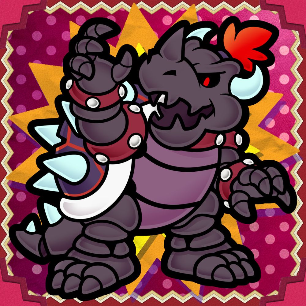 Dry Bowser drawn in the Paper Mario promotional art style. He inherits characteristics of the Dark Bones character from Mario Super Sluggers. He is in a menacing pose.