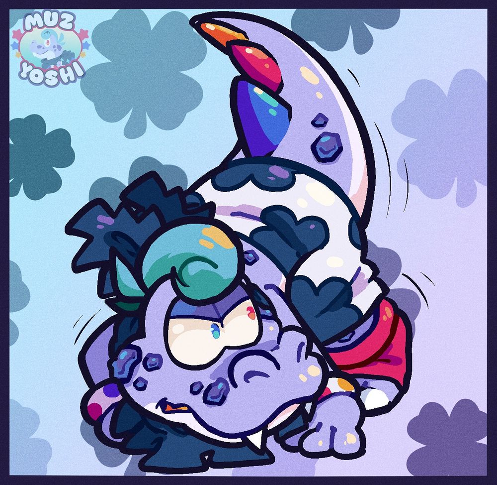 A drawing of the poster's original character, Crocosaur. He is a small, purple crocodilian with swirly blue hair and clover-patterned shorts. He is in a defensive pose on all fours, possibly sliding along the ground after an attack of some sort. He is snarling and glaring towards an unknown presence to the right of the frame.