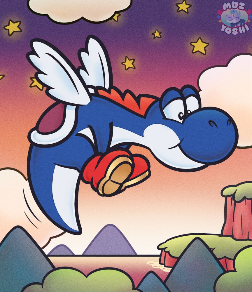 A blue, winged Yoshi drawn in the Super Mario World art style. The background depicts a sunset across the sea, with foliage and mountains in the foreground, and stars peppering the sky. The Yoshi has a relaxed, serene expression.