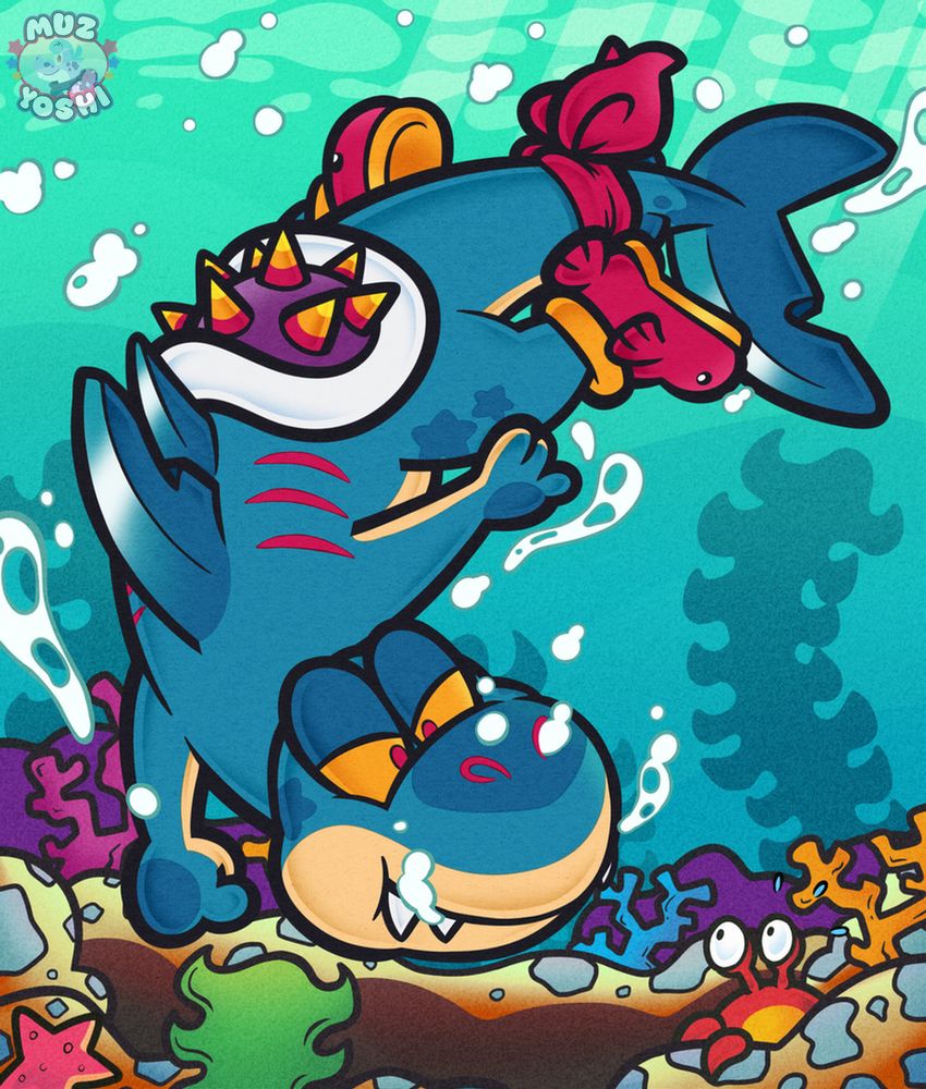 A Shark themed Yoshi submerged underwater. He has a fierce, determined expression, and is eyeing a crab who appears distressed.