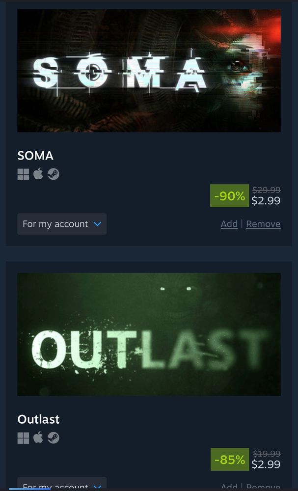 Soma & Outlast listings on steam 
