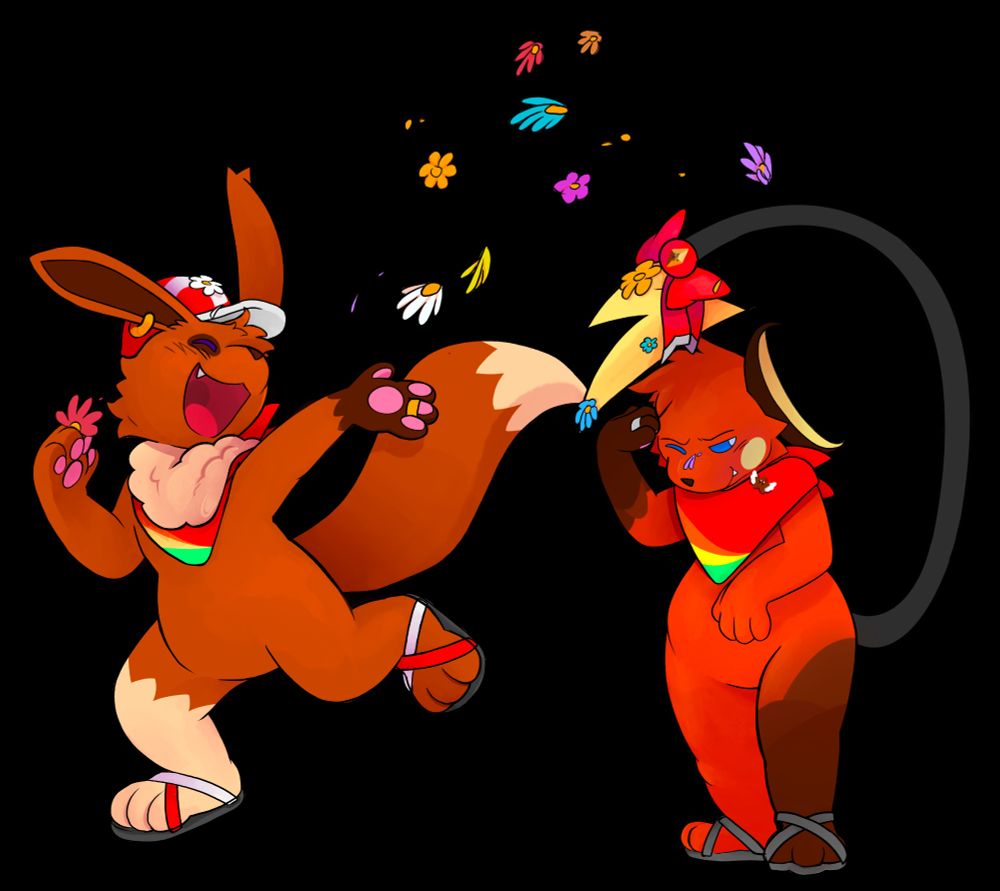 Chocolate, an Eevee, chucks flowers onto his sibling, Ray, a Raichu, who tries to block them with his tail.