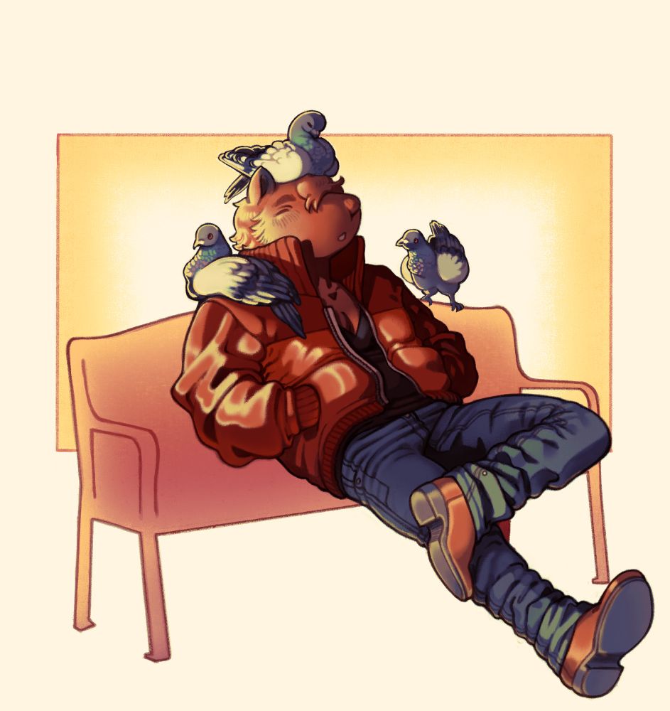 Warm toned drawing of a capybara anthro having a nap on the outline of a bench. 3 pigeons join him, using him as a seat.