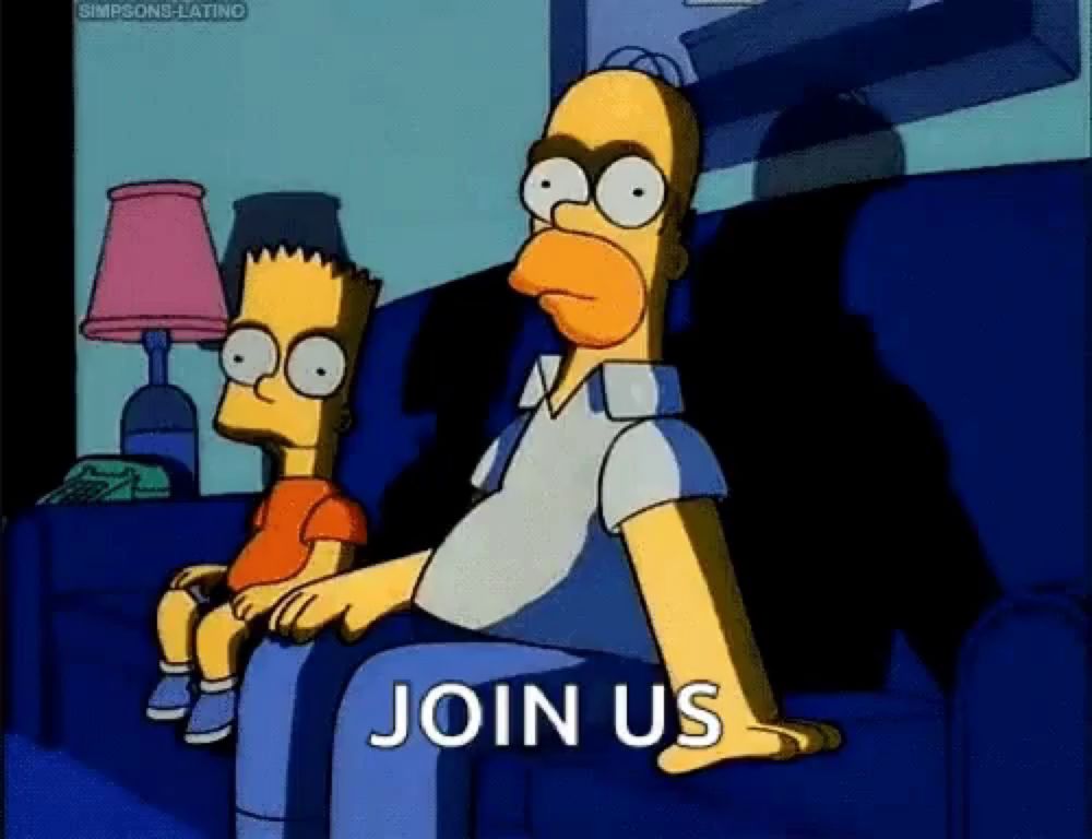 a cartoon of homer simpson and bart simpson sitting on a couch with the words join us above them .