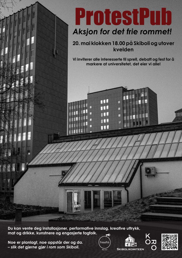 Invitasjonsplakat med svarthvittbilde som viser bygningen Skiboli på Gløshaugen campus