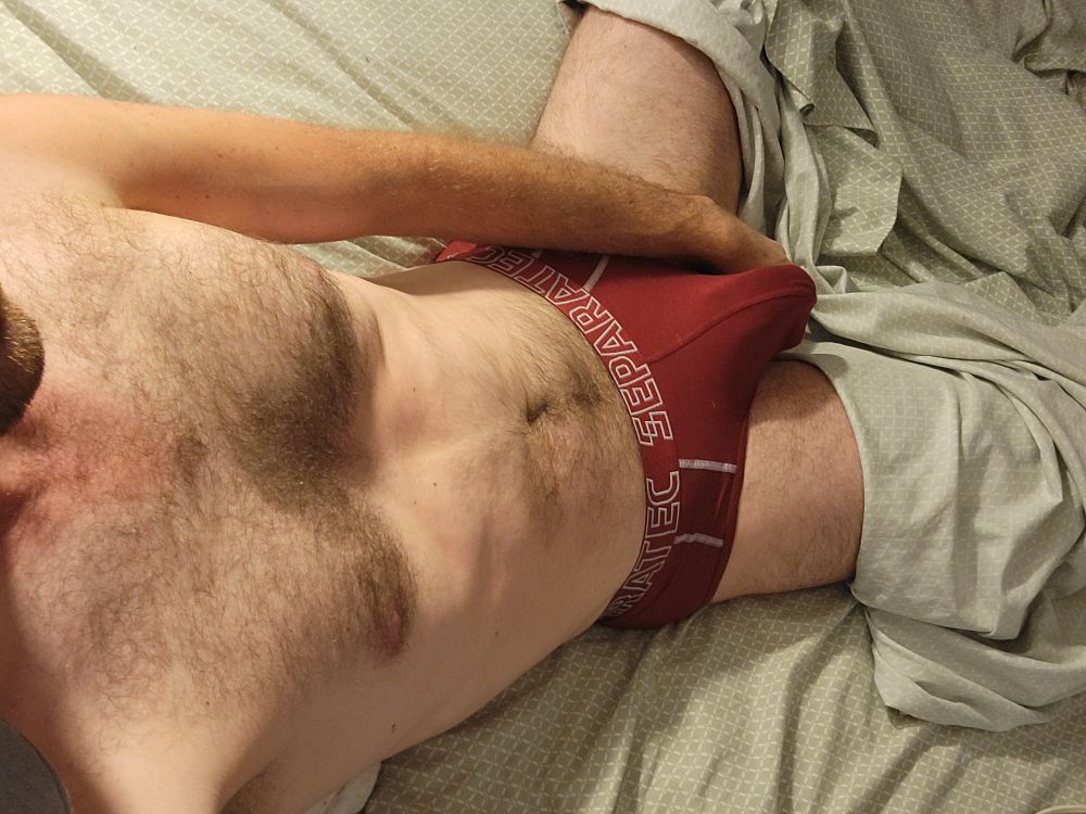 Selfie while laying in bed in my red briefs. My head is cropped out and my bulge is slightly hard. Sheets cover my legs below my thighs
