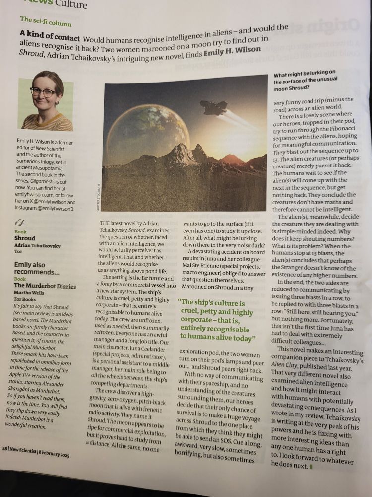 Screenshot of a page from New Scientist magazine featuring a very positive review of Adrian Tchaikovsky's new book Shroud. Its summary is that he's at the top of his game and fizzing with ideas