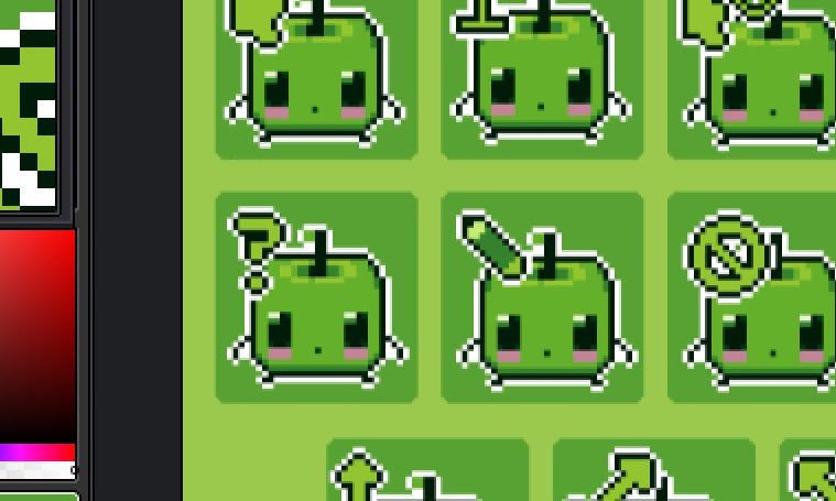 Multiple rows of pixel cursors of Junimos from the videogame Stardew Valley. Each has a different pointer in the upper left corner.
