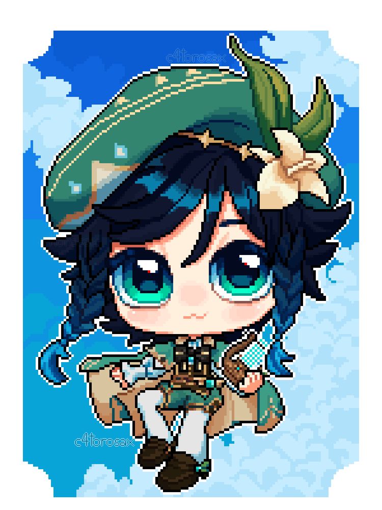 Cute pixel art of Venti from the videogame Genshin Impact. He is surrounded by a white border and behind there is a cloudy blue sky.