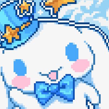 Pixel art of Cinnamoroll from Sanrio franchise. He is smiling happily and waving. He wears a blue bow and a blue hat.