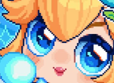 Chibi pixel art of Peach from Nintendo's Mario franchise. She is smiling and there are sparkles surrounding her.